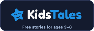 The Kids Tales badge, 300 by 100 pixels, dark version