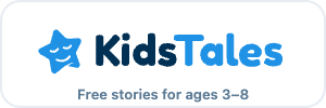 The Kids Tales badge, 300 by 100 pixels, light version